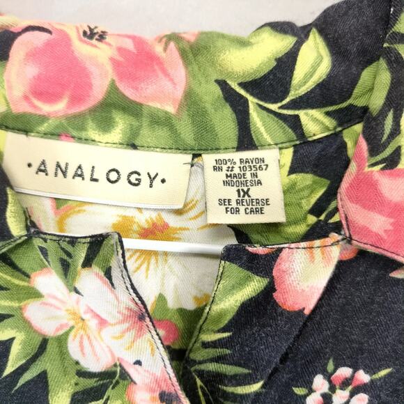 Analogy Black Tropical Button Up Rayon Shirt Women's Plus 1X Short Sleeve Casual - Picture 3 of 10
